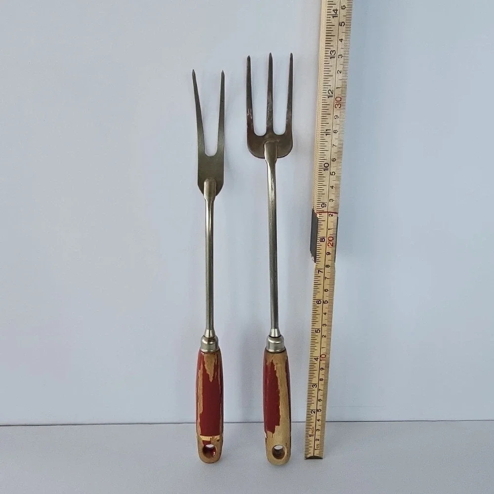 Vintage A&J Meat Serving Fork Set Red Wood Handle Made in USA‎ Rustic Farmhouse